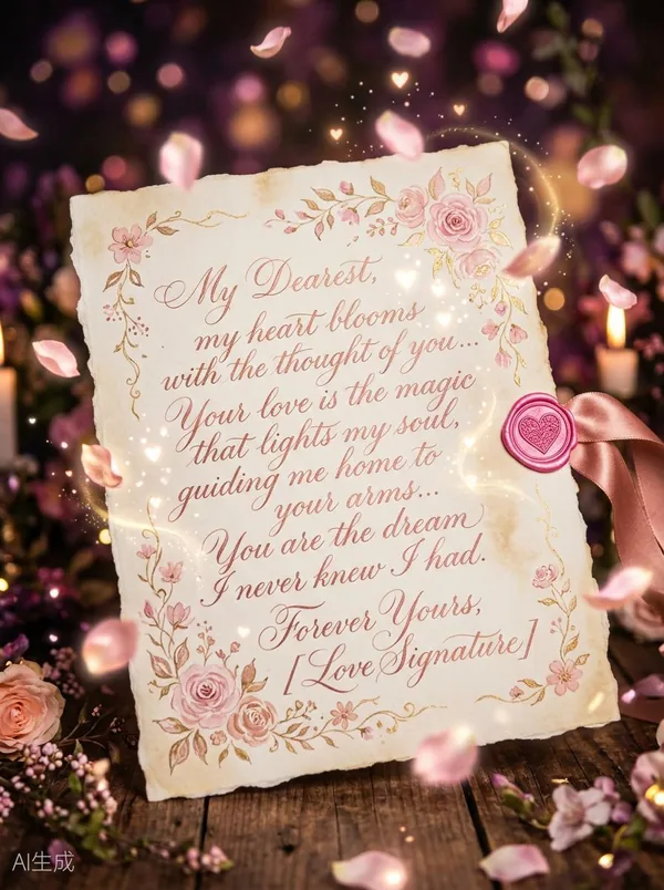 Romantic Magic Style love letter with floral decorations and rose petals