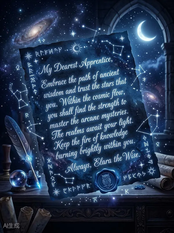 Wise Mentor Style letter with celestial star charts and ancient wisdom